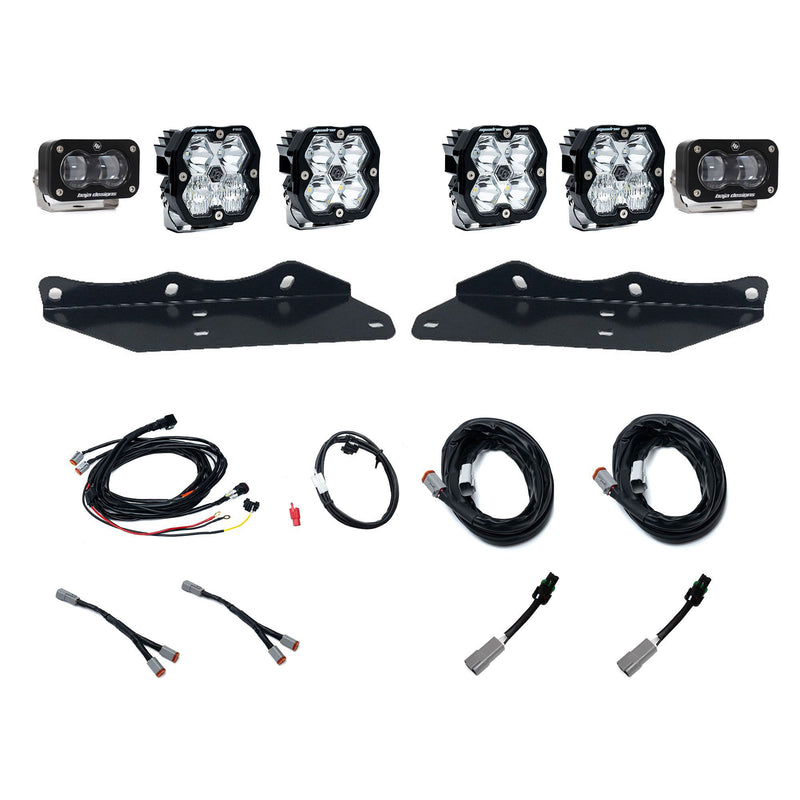 Baja Designs Squadron 2.0 Pro/S2 Sport Fog Pocket Light Kit, complete kit on a studio background: fog pocket kit with four clear square Squadron pods, two S2 pods, two black mounting brackets, harnesses and adapters on white