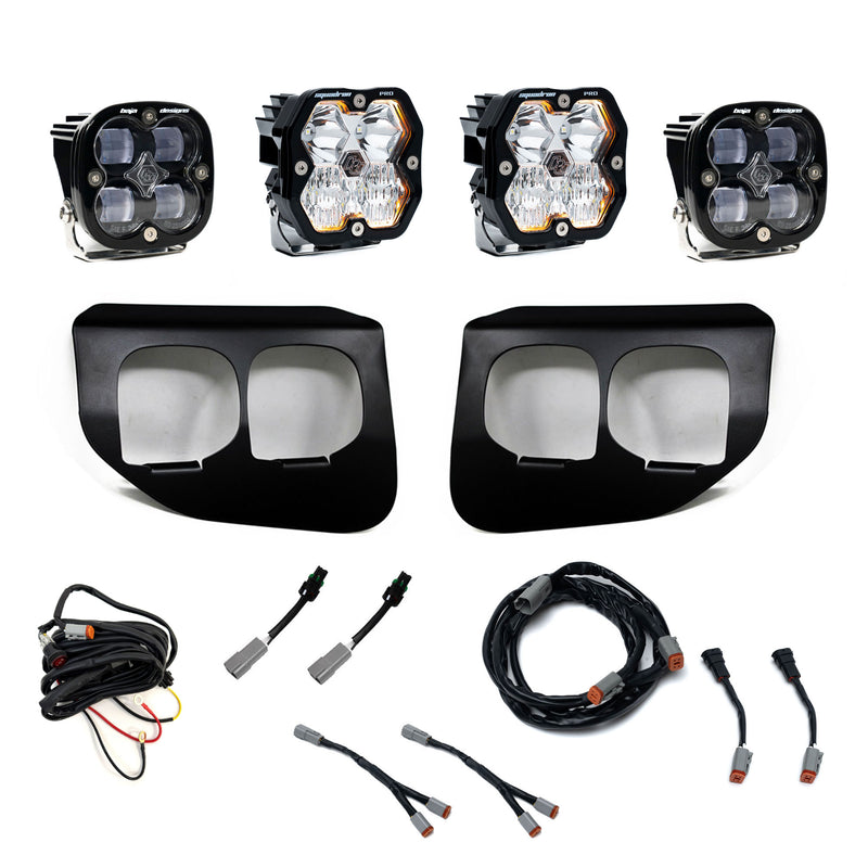 Baja Designs Squadron 2.0 Pro/Squadron SAE Dual Fog Pocket Light Kit, complete kit on a studio background: dual fog pocket kit with four square pods, two black twin bezels and wiring harnesses with a switch on white