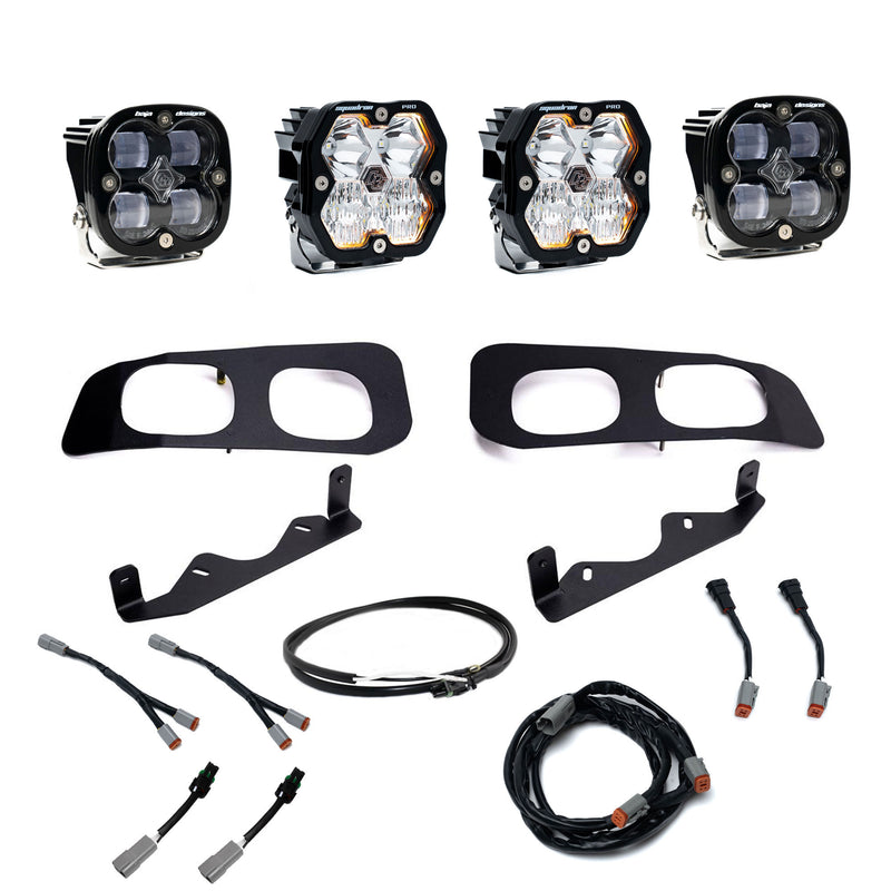 Baja Designs Squadron 2.0 Pro/Squadron SAE Dual Fog Pocket Light Kit, complete kit on a studio background: dual fog pocket kit with four square pods, two black twin bezels, two brackets and wiring harnesses on white