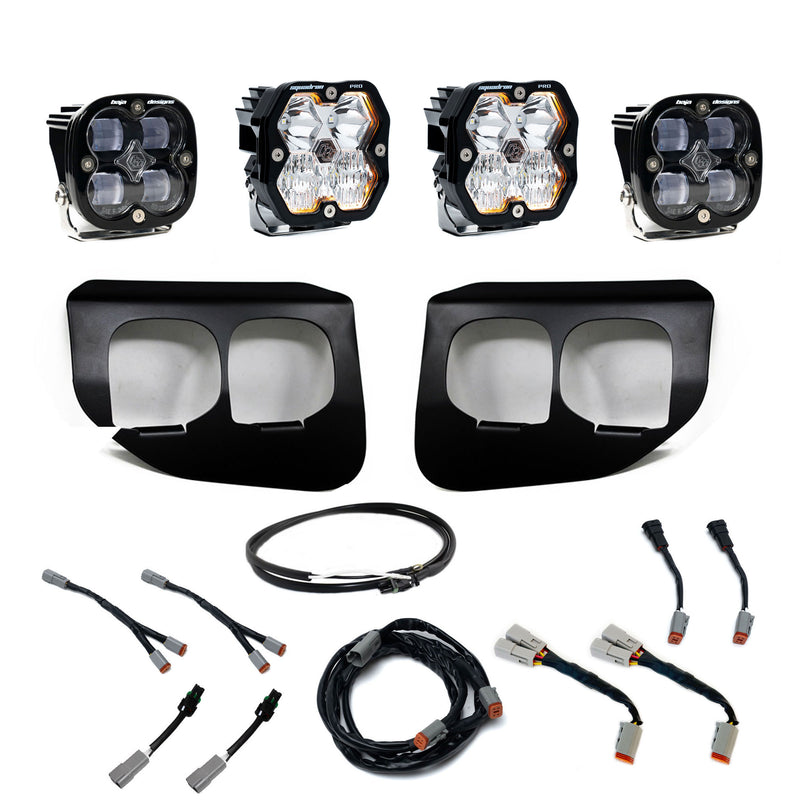 Baja Designs Squadron 2.0 Pro/Squadron SAE Dual Fog Pocket Light Kit, complete kit on a studio background: dual fog pocket kit with four square pods, two black twin bezels and wiring harnesses on white