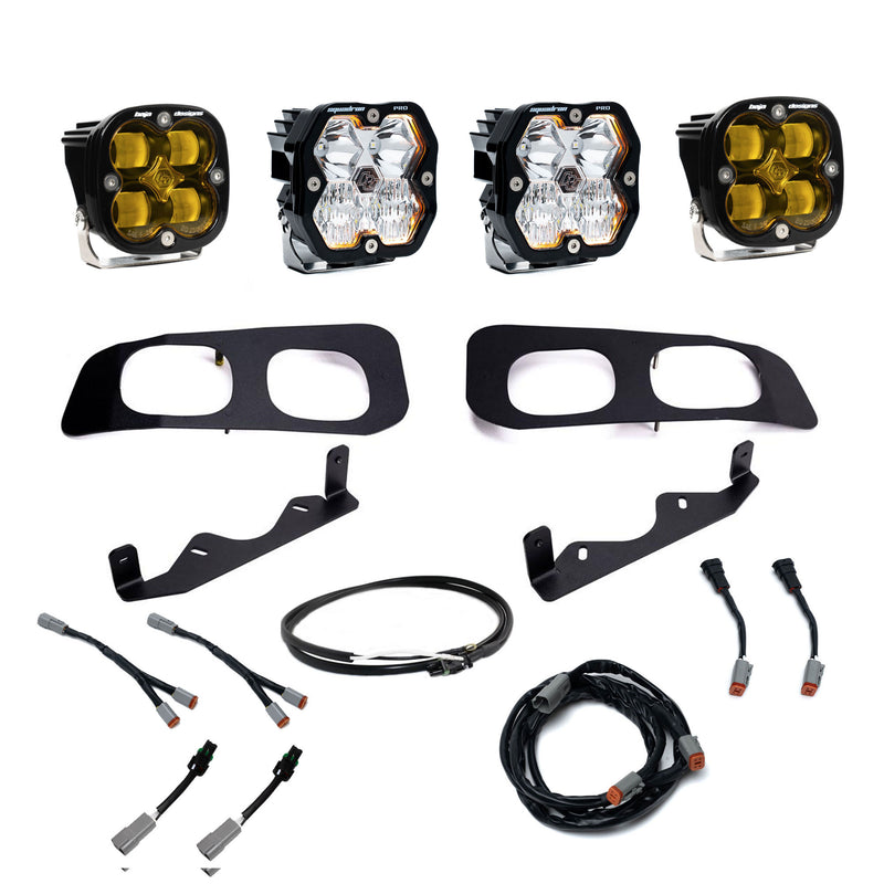 Baja Designs Squadron 2.0 Pro/Squadron SAE Dual Fog Pocket Light Kit, complete kit on a studio background: dual fog pocket kit with two amber and two clear square pods, two black twin bezels, brackets and harnesses on white