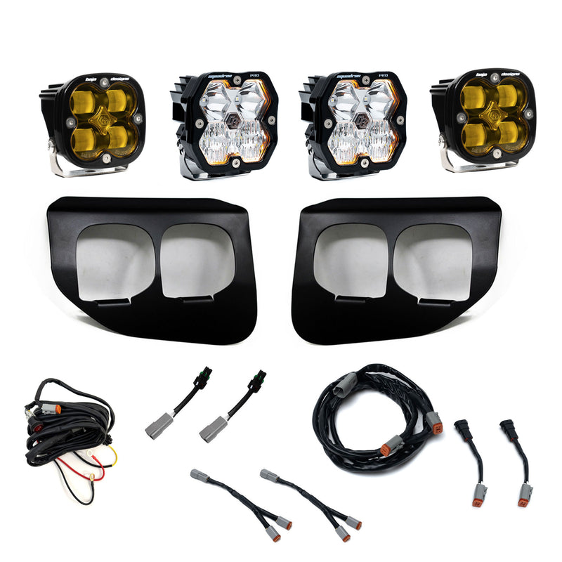 Baja Designs Squadron 2.0 Pro/Squadron SAE Dual Fog Pocket Light Kit, complete kit on a studio background: dual fog pocket light kit with four square Squadron pods, two black dual-opening bezels, wiring harnesses and adapters on white