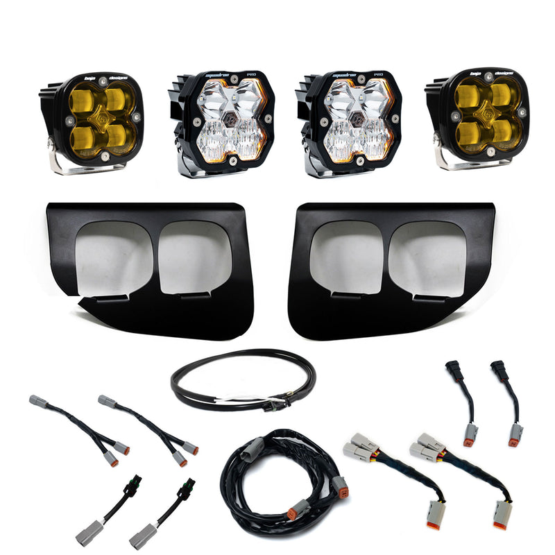 Baja Designs Squadron 2.0 Pro/Squadron SAE Dual Fog Pocket Light Kit, complete kit on a studio background: dual fog pocket light kit with four square Squadron pods, two black dual-opening bezels, wiring harnesses and adapters on white