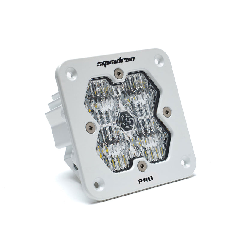 Baja Designs Squadron 2.0 Pro White Flush Mount LED Auxiliary Light Pod, whole product on a studio background: A white Baja Designs Squadron Pro flush mount LED pod with a clear wide cornering lens on a white background