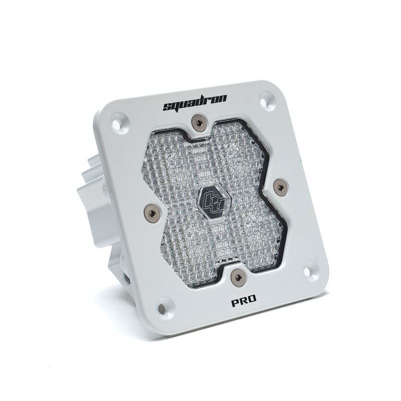 Baja Designs Squadron 2.0 Pro White Flush Mount LED Auxiliary Light Pod, whole product on a studio background: single white flush mount Squadron Pro pod with clear diffused work scene lens, shown at an angle on white