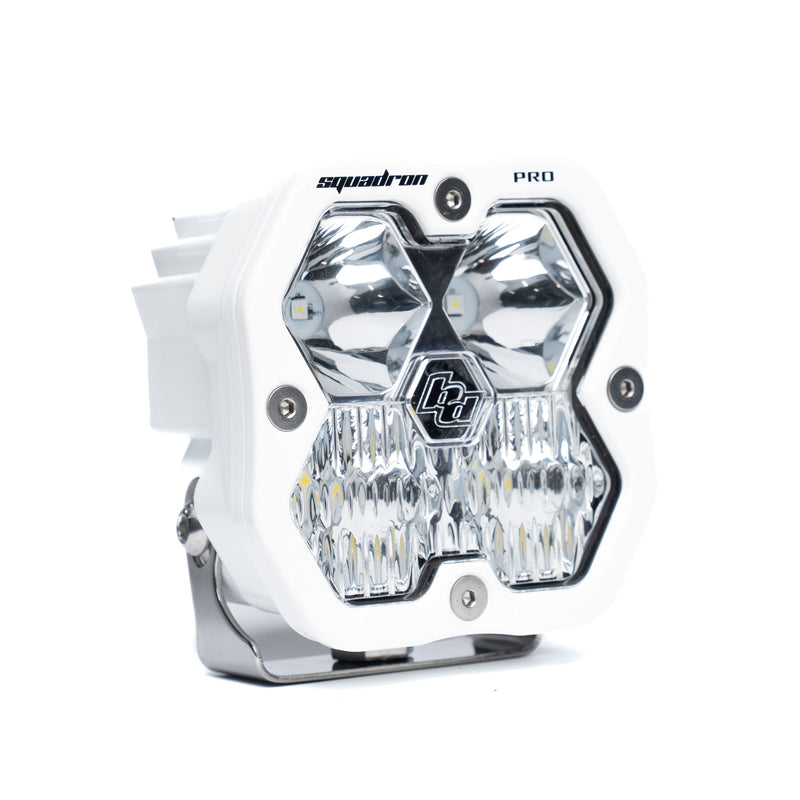 Baja Designs Squadron 2.0 Pro White LED Auxiliary Light Pod, whole product on a studio background: A white Baja Designs Squadron Pro LED pod with a clear driving/combo lens on a white background