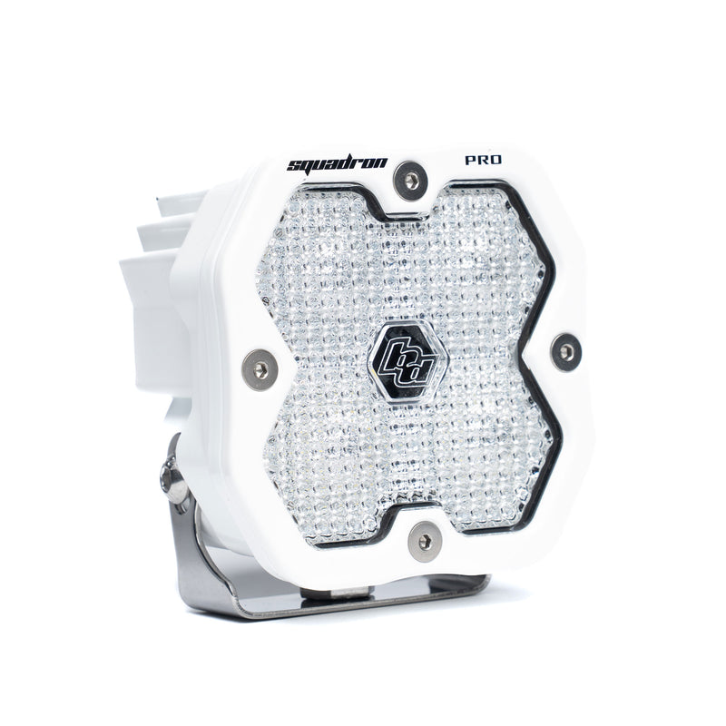 Baja Designs Squadron 2.0 Pro White LED Auxiliary Light Pod, whole product on a studio background: A white Baja Designs Squadron Pro LED pod with a clear work/scene lens on a white background
