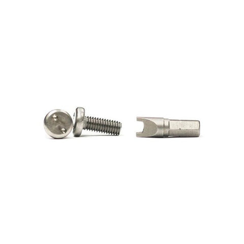Baja Designs Squadron 2.0, Security Hardware Kit, complete kit on a studio background: stainless steel security screw beside its matching two-prong driver bit on a white background