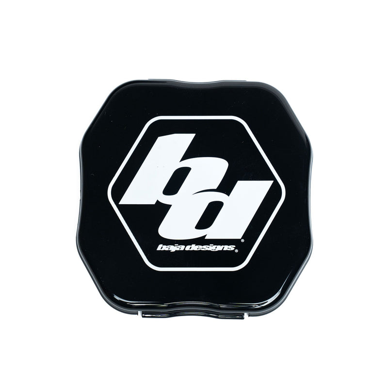 Baja Designs Squadron 2.0 Single Rock Guard, whole product on a studio background: A black square rock guard cover printed with a white Baja Designs logo on white