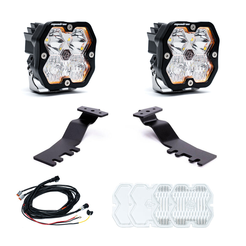 Baja Designs Squadron 2.0 Sport A-Pillar Light Kit, complete kit on a studio background: A pair of Squadron Sport pods