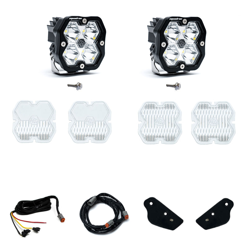 Baja Designs Squadron 2.0 Sport A-Pillar Light Kit, complete kit on a studio background: A Squadron Sport A-pillar kit with two pods, bolts, spare clear lens covers, harness sections and small black brackets on white
