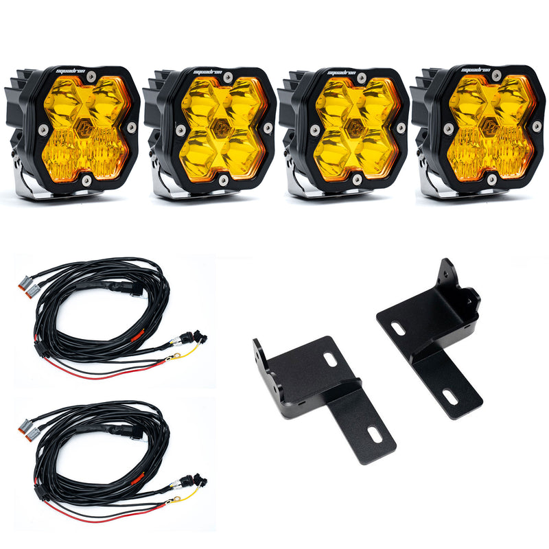 Baja Designs Squadron 2.0 Sport Behind-the-Grille Light Kit, complete kit on a studio background: four amber Squadron 2.0 Sport pods