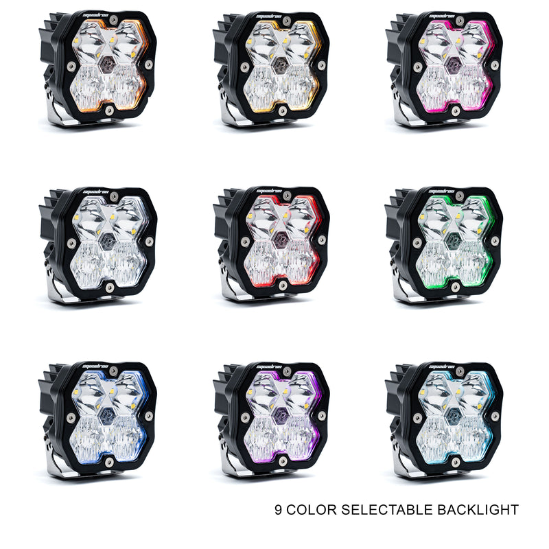 Baja Designs Squadron 2.0 Sport Black Flush Mount LED Auxiliary Light Pod: nine Squadron pods in a grid, each with a different colored backlight glowing around a clear lens