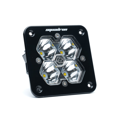 Baja Designs Squadron 2.0 Sport Black Flush Mount LED Auxiliary Light Pod, whole product on a studio background: single black flush mount Squadron Sport pod with clear spot lens on white