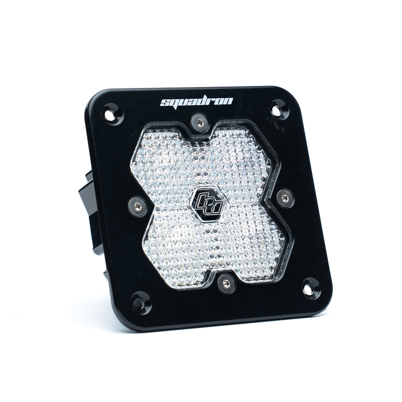 Baja Designs Squadron 2.0 Sport Black Flush Mount LED Auxiliary Light Pod, whole product on a studio background: single black flush mount Squadron Sport pod with clear diffused work scene lens on white