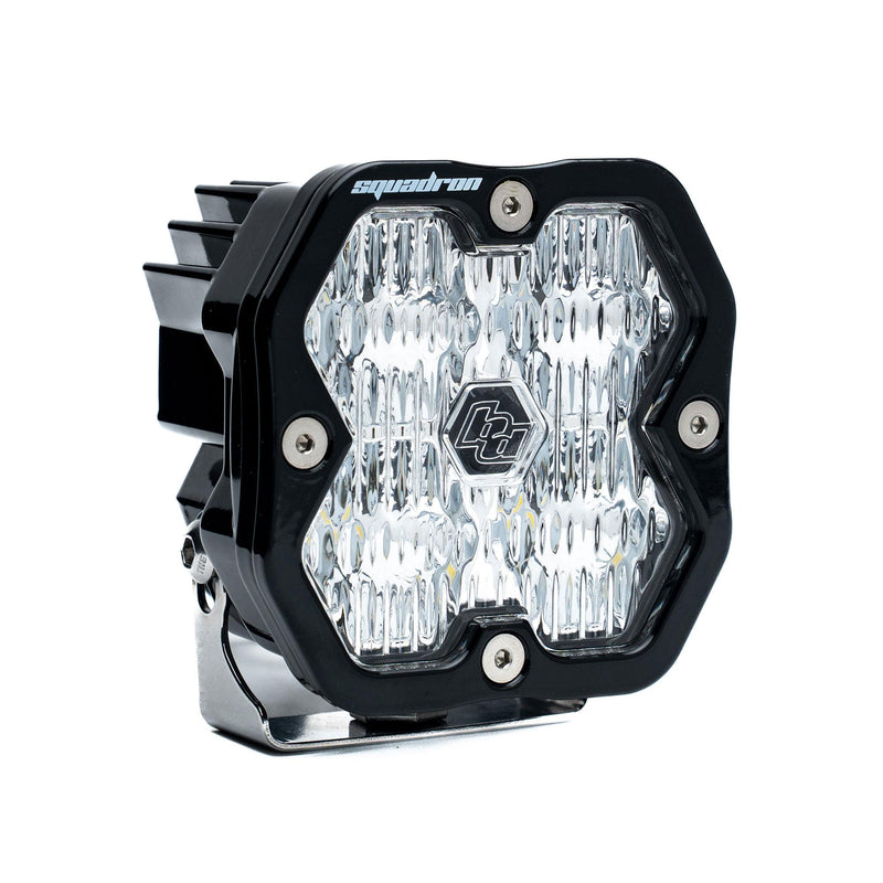 Baja Designs Squadron 2.0 Sport Black LED Auxiliary Light Pod, whole product on a studio background: A black Baja Designs Squadron 2.0 Sport LED pod with a clear lens on a white background