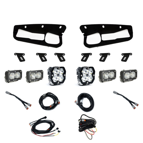 Baja Designs Squadron 2.0 Sport/Dual S2 Sport Sportmen Fog Pocket Light Kit, complete kit on a studio background: fog pocket light kit on white