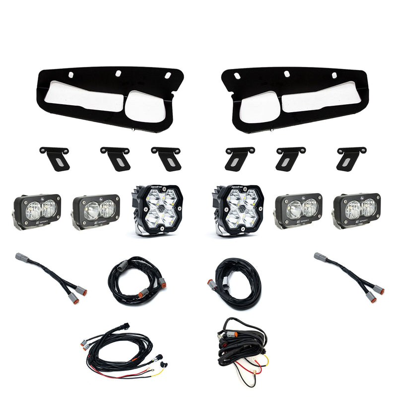 Baja Designs Squadron 2.0 Sport/Dual S2 Sport Sportmen Fog Pocket Light Kit, complete kit on a studio background: fog pocket light kit on white