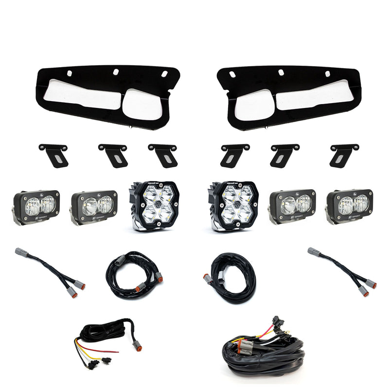 Baja Designs Squadron 2.0 Sport/Dual S2 Sport Sportmen Fog Pocket Light Kit, complete kit on a studio background: fog pocket light kit on white with two black bezels, brackets, two Squadron pods, four S2 pods and wiring harnesses