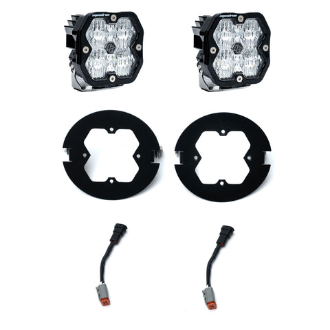 Baja Designs Squadron 2.0 Sport Fog Pocket Light Kit, complete kit on a studio background: pair of square Squadron pods with clear lenses, two black round fog adapter rings and wiring adapters on white