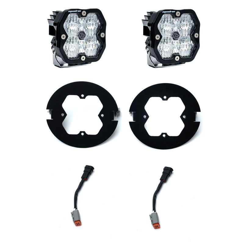 Baja Designs Squadron 2.0 Sport Fog Pocket Light Kit, complete kit on a studio background: pair of square Squadron pods with clear lenses, two black round fog adapter rings and wiring adapters on white