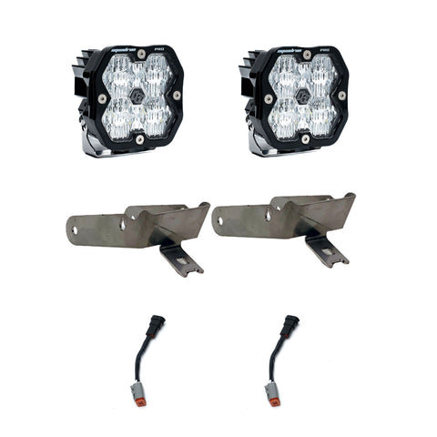Baja Designs Squadron 2.0 Sport Fog Pocket LIght Kit, representative image: earlier Squadron Pro version of this fog pocket kit shown; this kit carries Squadron 2.0 Sport lights in the same brackets. Pair of square Squadron Pro pods with clear