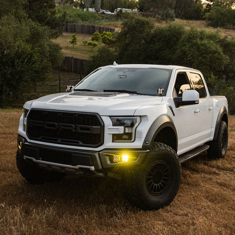 Baja Designs Squadron 2.0 Sport/S2 Sport Fog Pocket Light Kit installed on a Ford F-150 Raptor: white Ford Raptor pickup parked on dry grass with amber fog pocket lights lit