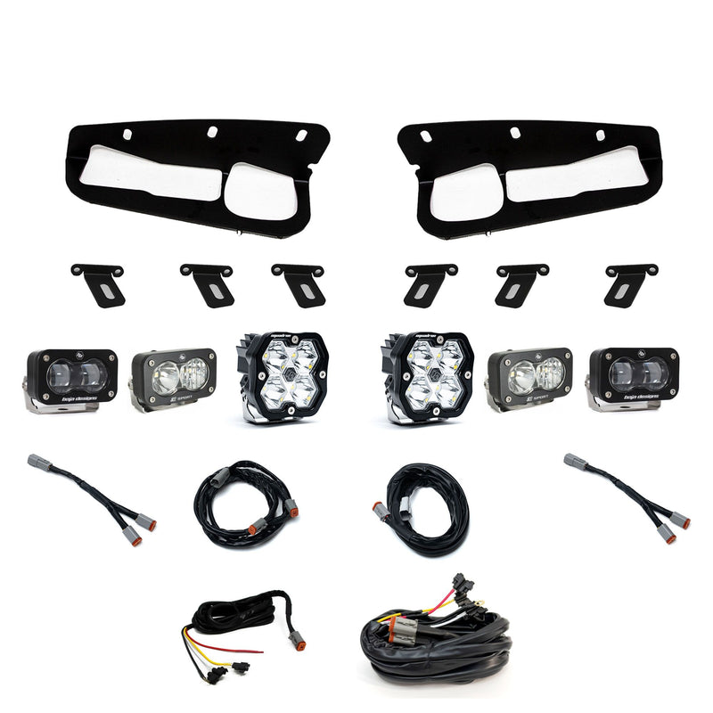 Baja Designs Squadron 2.0 Sport/S2 Sport/S2 SAE Sportman Fog Pocket Light Kit, complete kit on a studio background: fog pocket light kit laid out on white: two black bezels, mounting brackets, two Squadron pods, four S2 pods and wiring harnesses