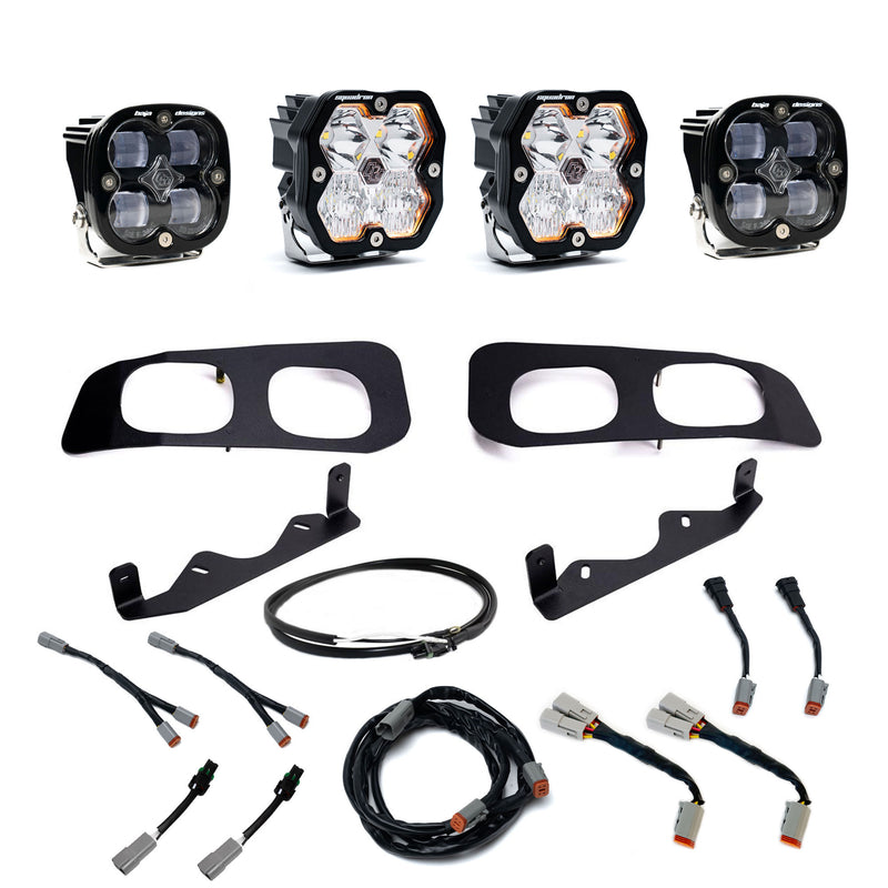 Baja Designs Squadron 2.0 Sport/Squadron SAE Dual Fog Pocket Light Kit, complete kit on a studio background: dual fog pocket kit with four square pods, two black twin bezels, two brackets and wiring harnesses on white