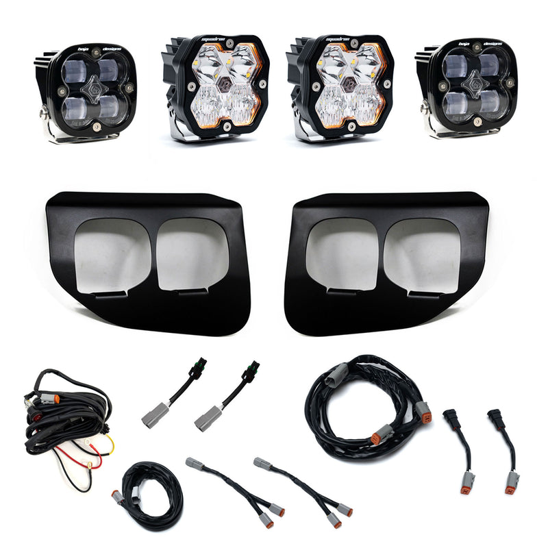 Baja Designs Squadron 2.0 Sport/Squadron SAE Dual Fog Pocket Light Kit, complete kit on a studio background: dual fog pocket light kit with four square Squadron pods, two black dual-opening bezels, wiring harnesses and adapters on white