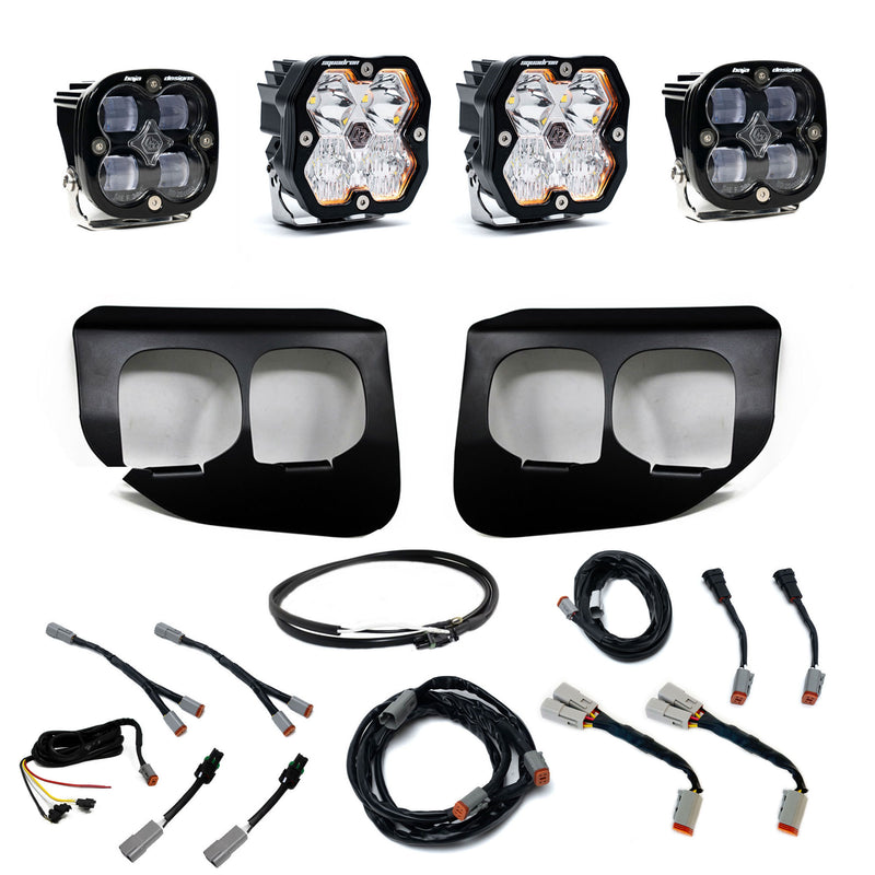 Baja Designs Squadron 2.0 Sport/Squadron SAE Dual Fog Pocket Light Kit, complete kit on a studio background: dual fog pocket light kit with four square Squadron pods, two black dual-opening bezels, wiring harnesses and adapters on white