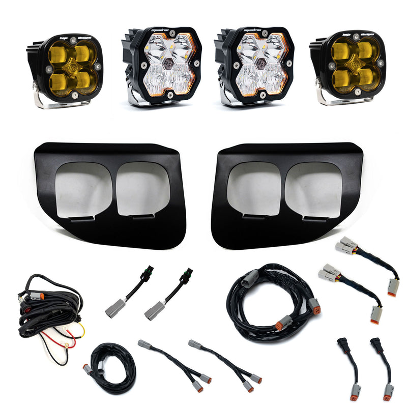 Baja Designs Squadron 2.0 Sport/Squadron SAE Dual Fog Pocket Light Kit, complete kit on a studio background: dual fog pocket light kit with four square Squadron pods, two black dual-opening bezels, wiring harnesses and adapters on white