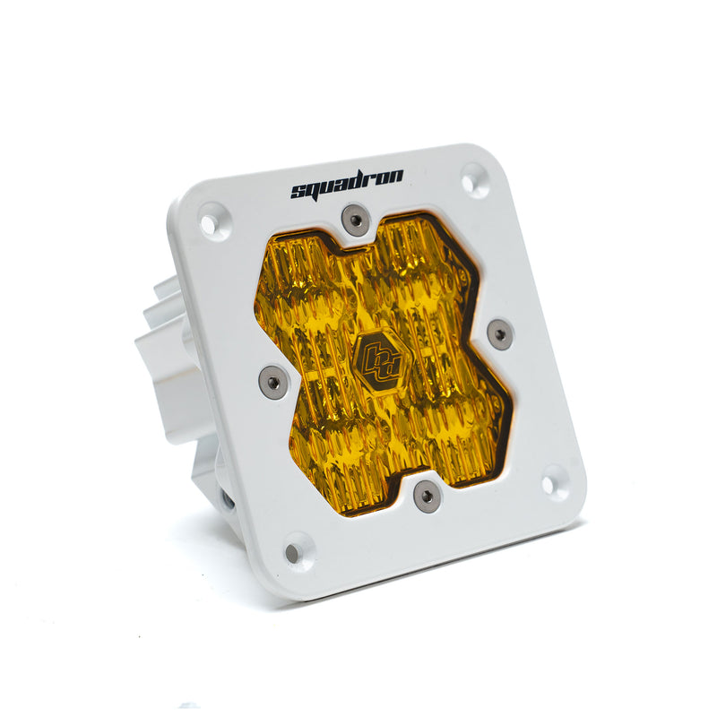 Baja Designs Squadron 2.0 Sport White Flush Mount LED Auxiliary Light Pod, whole product on a studio background: A Squadron LED pod with an amber fluted lens in a white flush-mount housing on a white background