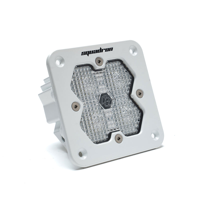 Baja Designs Squadron 2.0 Sport White Flush Mount LED Auxiliary Light Pod, whole product on a studio background: single white flush mount Squadron Pro pod with clear diffused work scene lens, shown at an angle on white