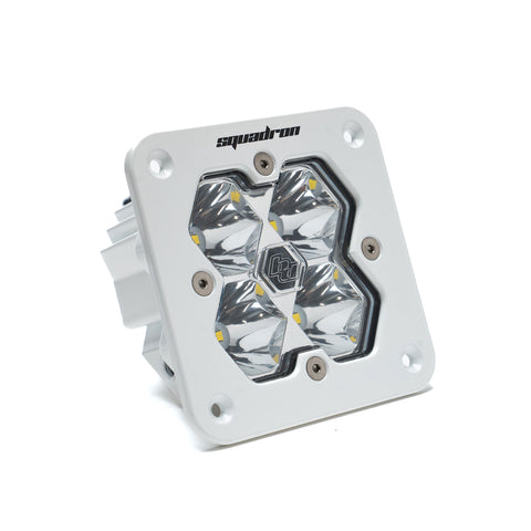 Baja Designs Squadron 2.0 Sport White Flush Mount LED Auxiliary Light Pod, whole product on a studio background: single white flush mount Squadron Sport pod with clear spot lens on white