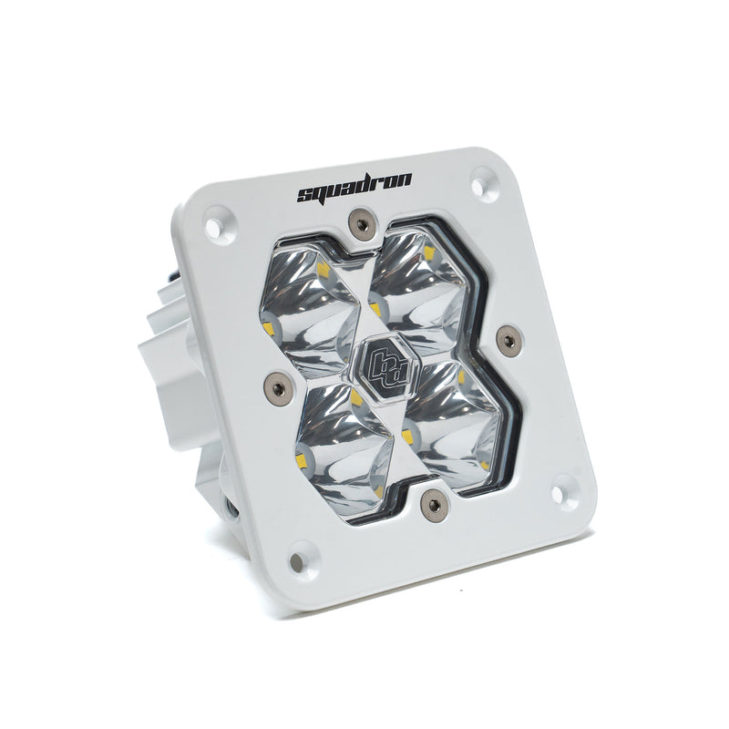 Baja Designs Squadron 2.0 Sport White Flush Mount LED Auxiliary Light Pod, whole product on a studio background: single white flush mount Squadron Sport pod with clear spot lens on white