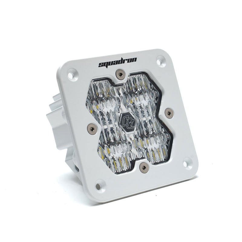 Baja Designs Squadron 2.0 Sport White Flush Mount LED Auxiliary Light Pod, whole product on a studio background: single white flush mount Squadron Sport pod with clear fluted wide cornering lens on white
