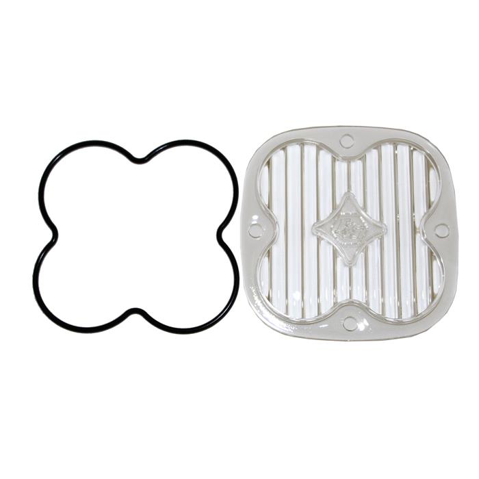Baja Designs Squadron Light Pod Lens Kit, complete kit on a studio background: A clear rounded-square Squadron replacement lens with a fully fluted wide cornering optic lies beside its black O-ring gasket on a white background