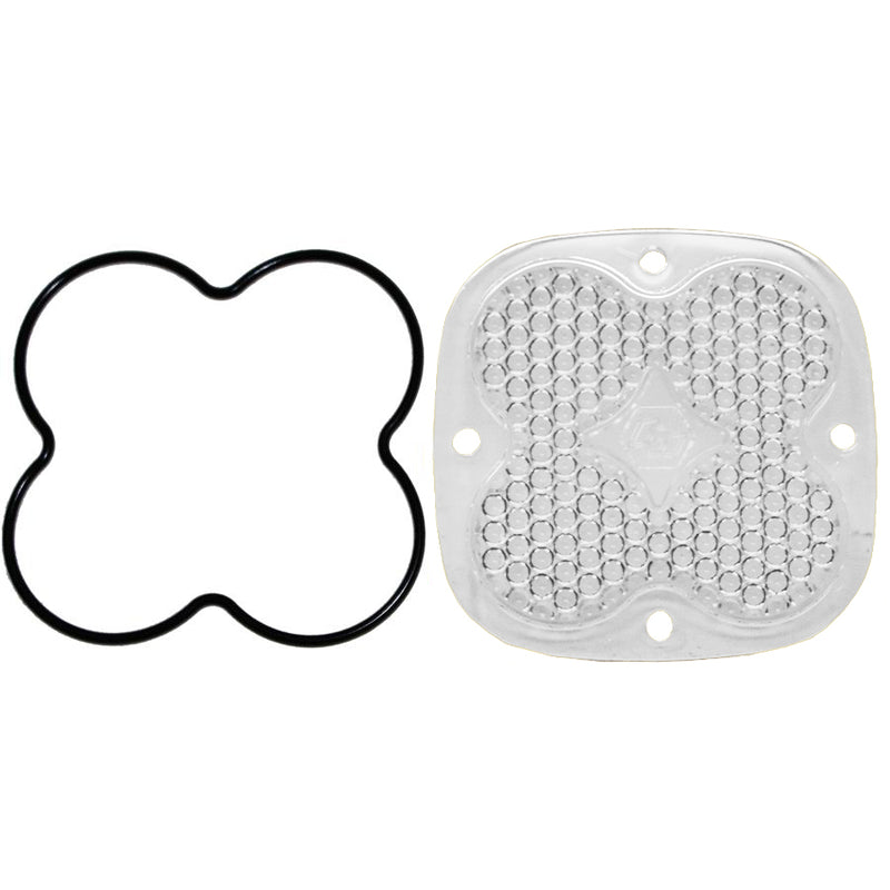 Baja Designs Squadron Light Pod Lens Kit, complete kit on a studio background: A clear rounded-square Squadron replacement lens with a dimpled work/scene optic lies beside its black O-ring gasket on a white background