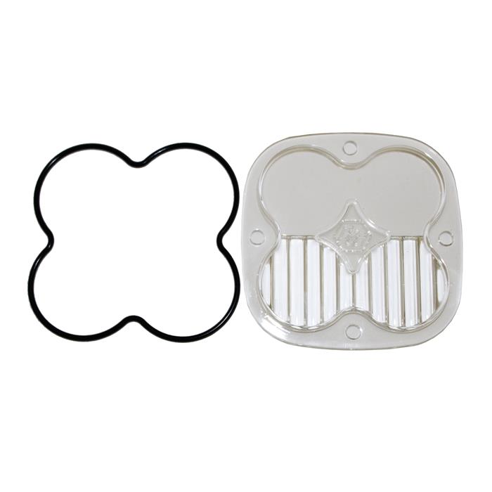 Baja Designs Squadron Light Pod Lens Kit, complete kit on a studio background: A clear rounded-square Squadron replacement lens with a half-fluted driving/combo optic lies beside its black O-ring gasket on a white background