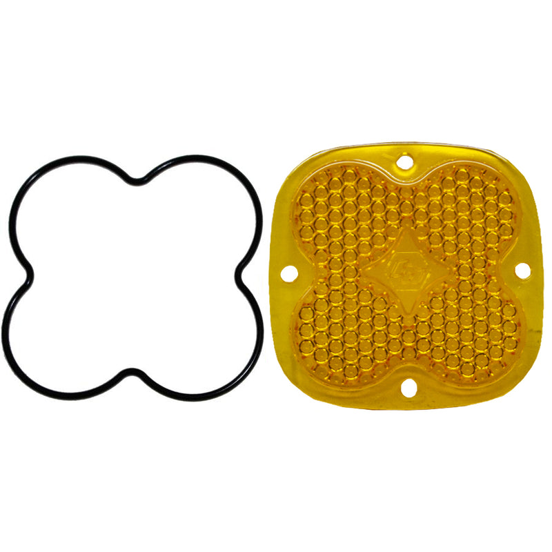 Baja Designs Squadron Light Pod Lens Kit, complete kit on a studio background: A yellow-amber rounded-square Squadron replacement lens with a dimpled work/scene optic lies beside its black O-ring gasket on a white background