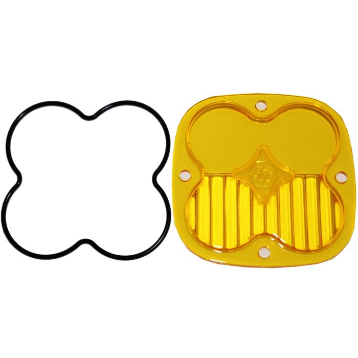 Baja Designs Squadron Light Pod Lens Kit, complete kit on a studio background: A yellow-amber rounded-square Squadron replacement lens with a half-fluted driving/combo optic lies beside its black O-ring gasket on a white background