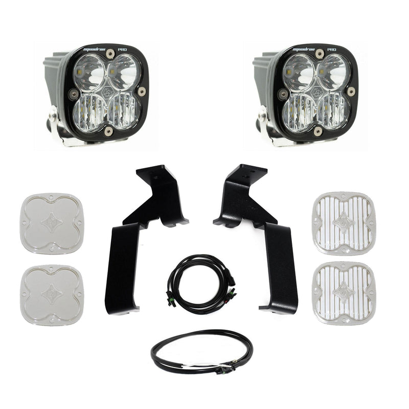 Baja Designs Squadron Pro A-Pillar Light Kit, complete kit on a studio background: A pair of Baja Designs Squadron Pro LED pods