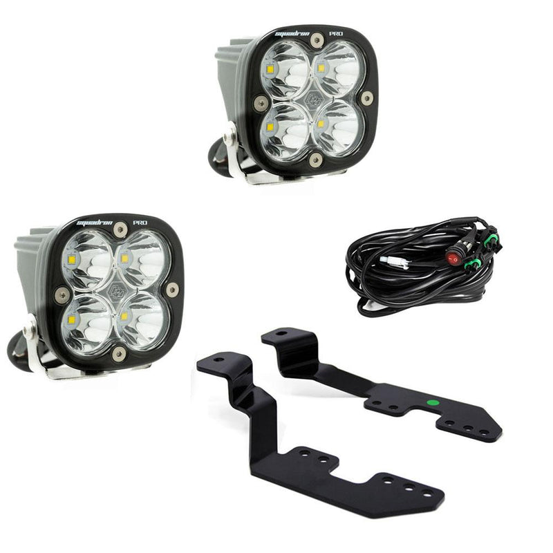 Baja Designs Squadron Pro A-Pillar Light Kit, complete kit on a studio background: two Squadron Pro LED pods