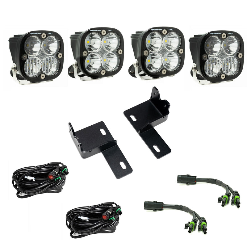 Baja Designs Squadron Pro Behind-the-Grille Kit, complete kit on a studio background: four clear-lens Squadron Pro LED pods