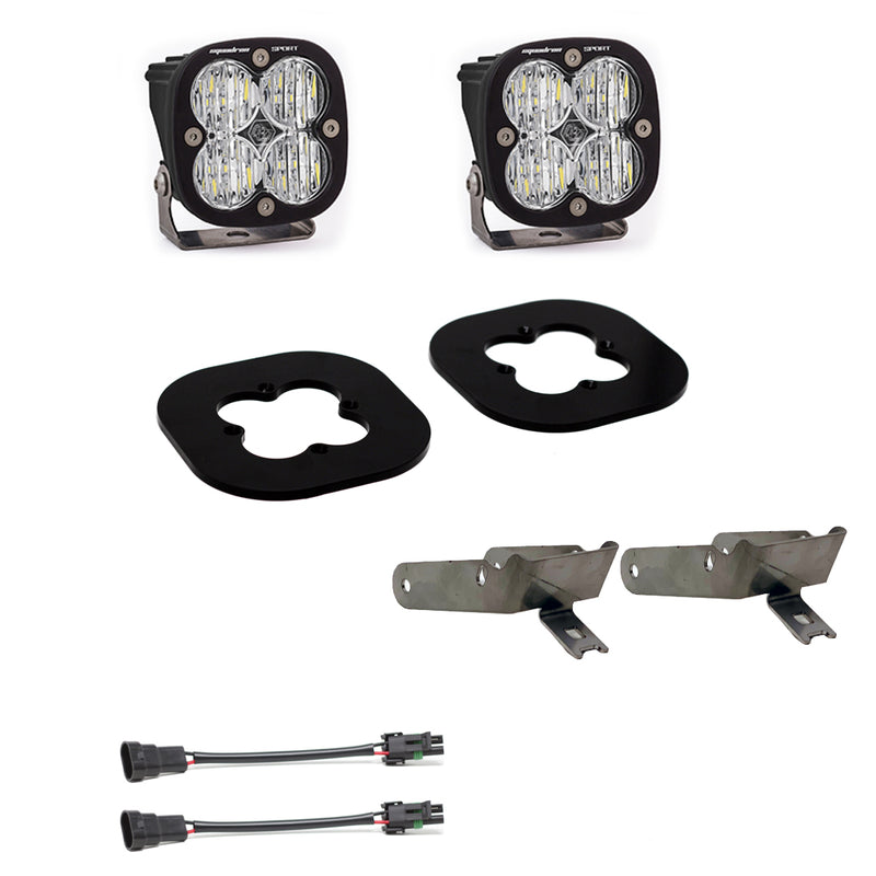 Baja Designs Squadron Pro Fog Pocket Light Kit, representative image: Squadron Sport version of this fog pocket kit shown; this kit carries Squadron Pro pods in the same brackets. Pair of black Squadron Sport fog pods with clear lenses, two black