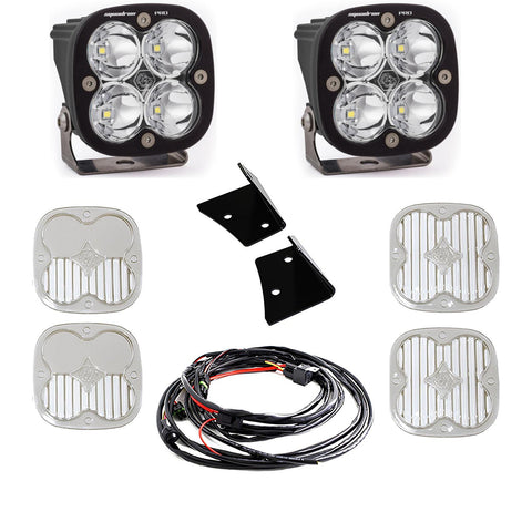 Baja Designs Squadron Pro Spot A-Pillar Light Kit, complete kit on a studio background: two black Squadron Pro pods