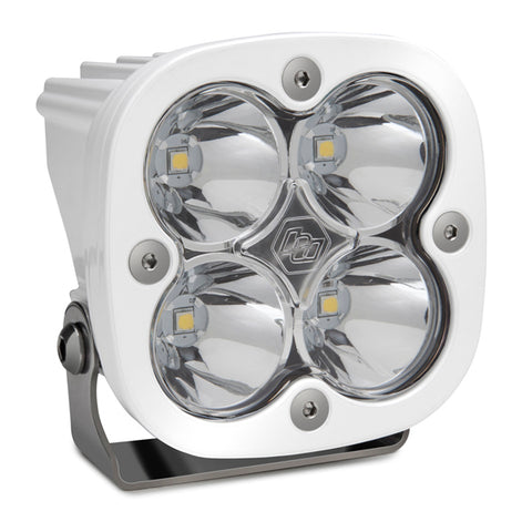 Baja Designs Squadron Pro White LED Auxiliary Light Pod, whole product on a studio background: A white Squadron Pro LED pod with a clear spot lens on a white background