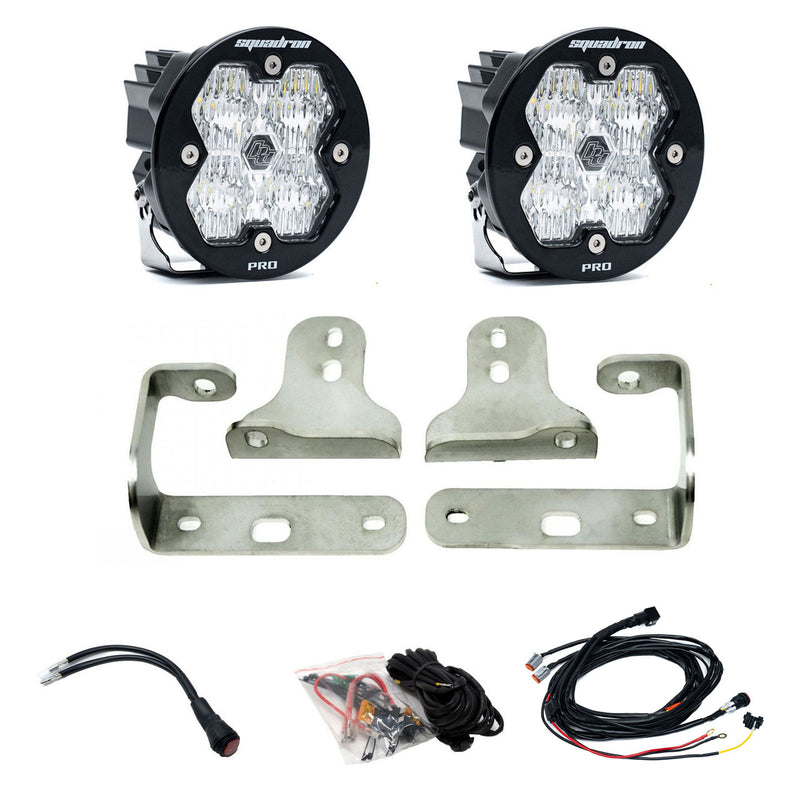 Baja Designs Squadron-R 2.0 Pro Fog Pocket Light Kit, complete kit on a studio background: pair of round Squadron-R Pro pods
