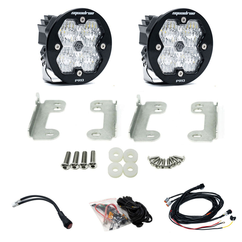 Baja Designs Squadron-R 2.0 Pro Fog Pocket Light Kit, complete kit on a studio background: pair of round Squadron-R Pro pods